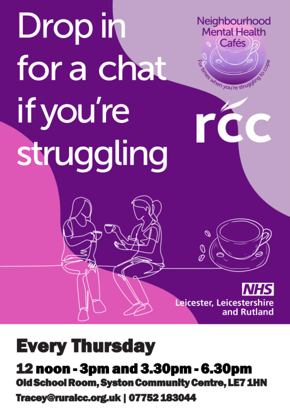 Every Thursday 12 noon - 3pm and 3:30 - 6:30pm

Old School Room, Syston Community Centre, LE7 1HN

Contact Tracey@ruralcc.org.uk - 07752183044